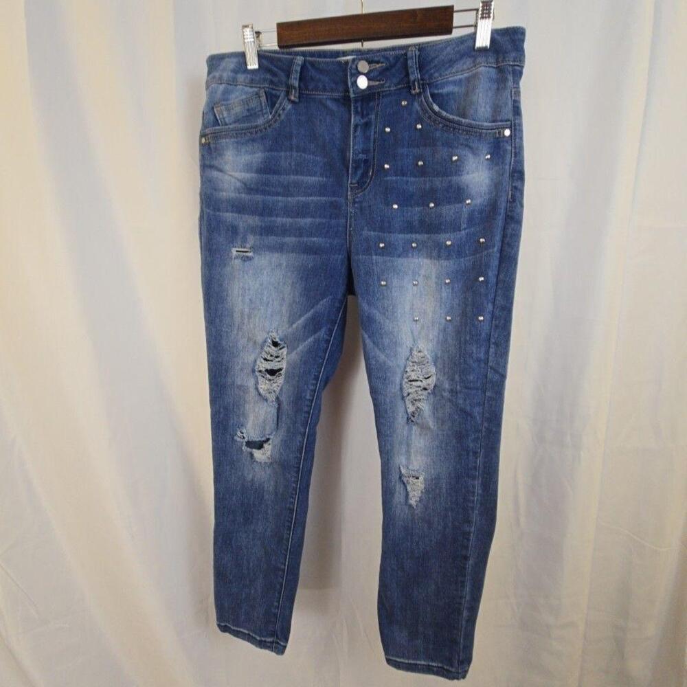 Rewind Jeans Juniors 13 31W Blue Medium Wash Mid Rise Studded Distressed Ankle